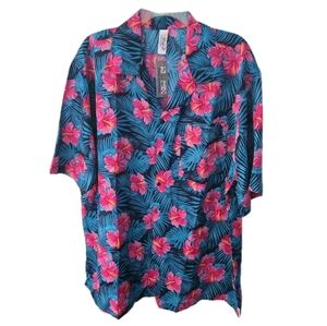 India Boutique Retro Tropical Hibiscus Print Button Up Loud Island Energy Sz XL
